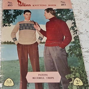 Vintage 50s Patons Knitting Pattern Book no 493, Men Boys Jumpers Cardigans Vests