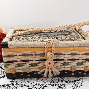 Vintage 50s Large Tapestry and Rattan Sewing Basket with Handle and Hinged Lid