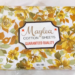 Vintage 70s Yellow Green Floral Cotton Flat Bed Sheet Set, 160cm x 254cm