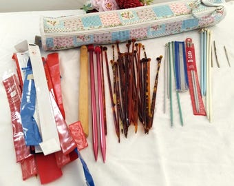 Patchwork Knitting Needle Bag and Assorted Contents, Bundle of Oddment Needles