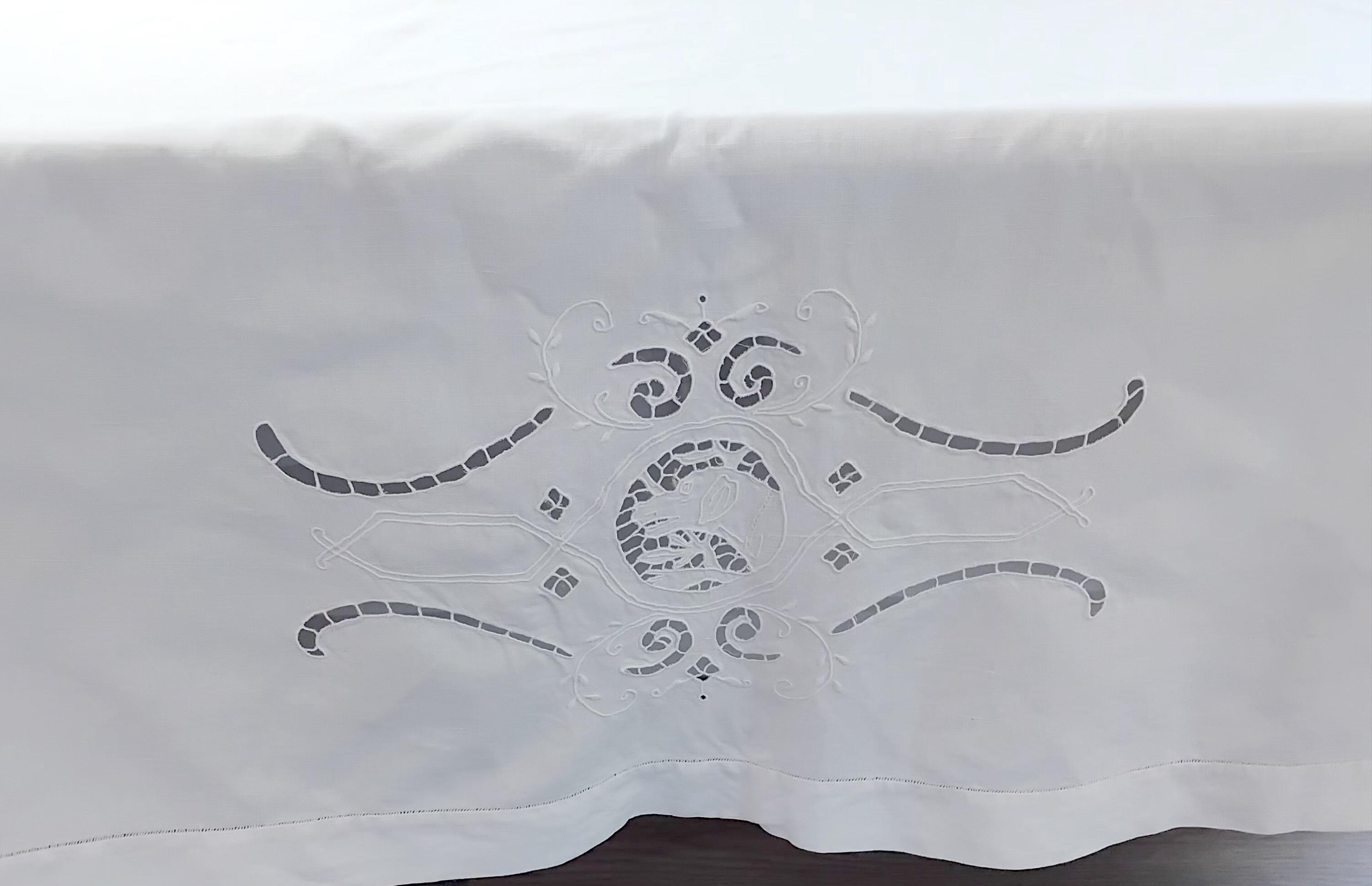 ヴィンテージ 50年代 ホワイトリネン 刺繍入り 宴会テーブルクロス 250