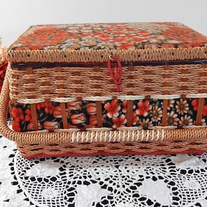 Vintage 50s Large Floral Fabric and Rattan Sewing Basket with Handle and Hinged Lid