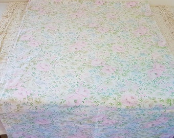 Vintage 70s Pink Floral Print on White Background Single Bed Flat Sheet, Cotton Bed Sheet