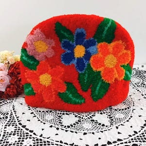 Vintage 60s 70s Red Latch Hook Floral Large Tea Cosy