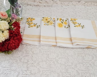 Set of 4 Vintage 60s Yellow Floral Damask Dinner Napkins