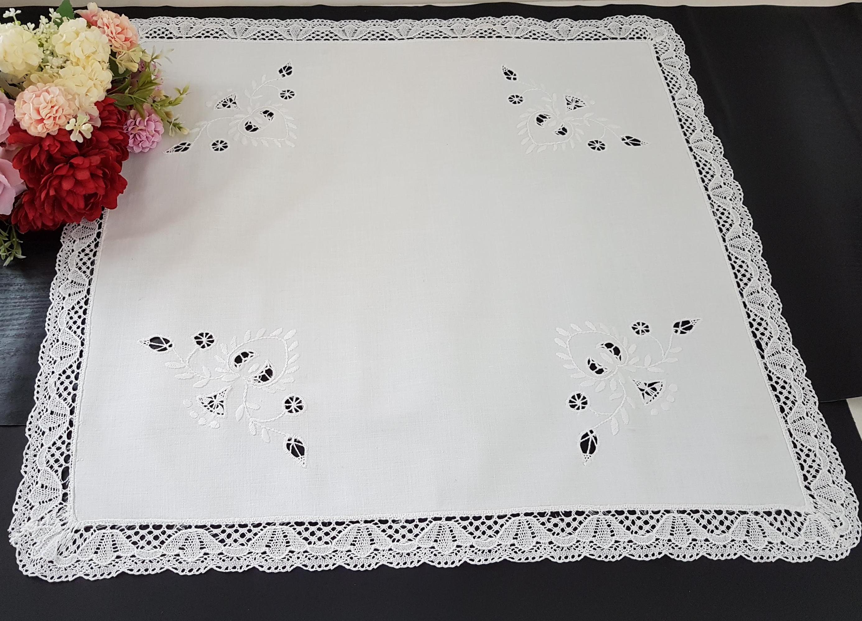 ヴィンテージ 50年代 60年代 ホワイトフローラル刺繍テーブルクロス 57