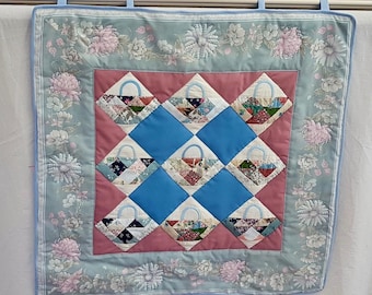 Vintage 80s Pink Blue Floral Quilted Patchwork Wall Hanging, Australian Handmade