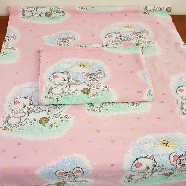 Vintage 60s 70s Koala Cat Pink Kids Cotton Blend Flat Sheet, Single Bed Sheet