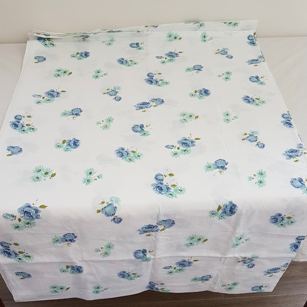 Vintage 80s Blue White Floral Single Bed Flat Sheet, Cotton Bed Sheet