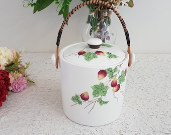 Vintage Mid Century Strawberry Decorated Biscuit Barrel with Lid and Handle