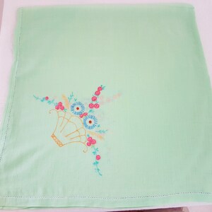 Vintage 60s Green Floral Embroidered Food Cover Tablecloth, 94cm x 92cm