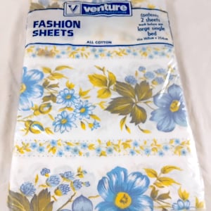 Vintage 80s Blue Yellow Floral Cotton Flat Bed Sheet Set, 160cm x 254cm