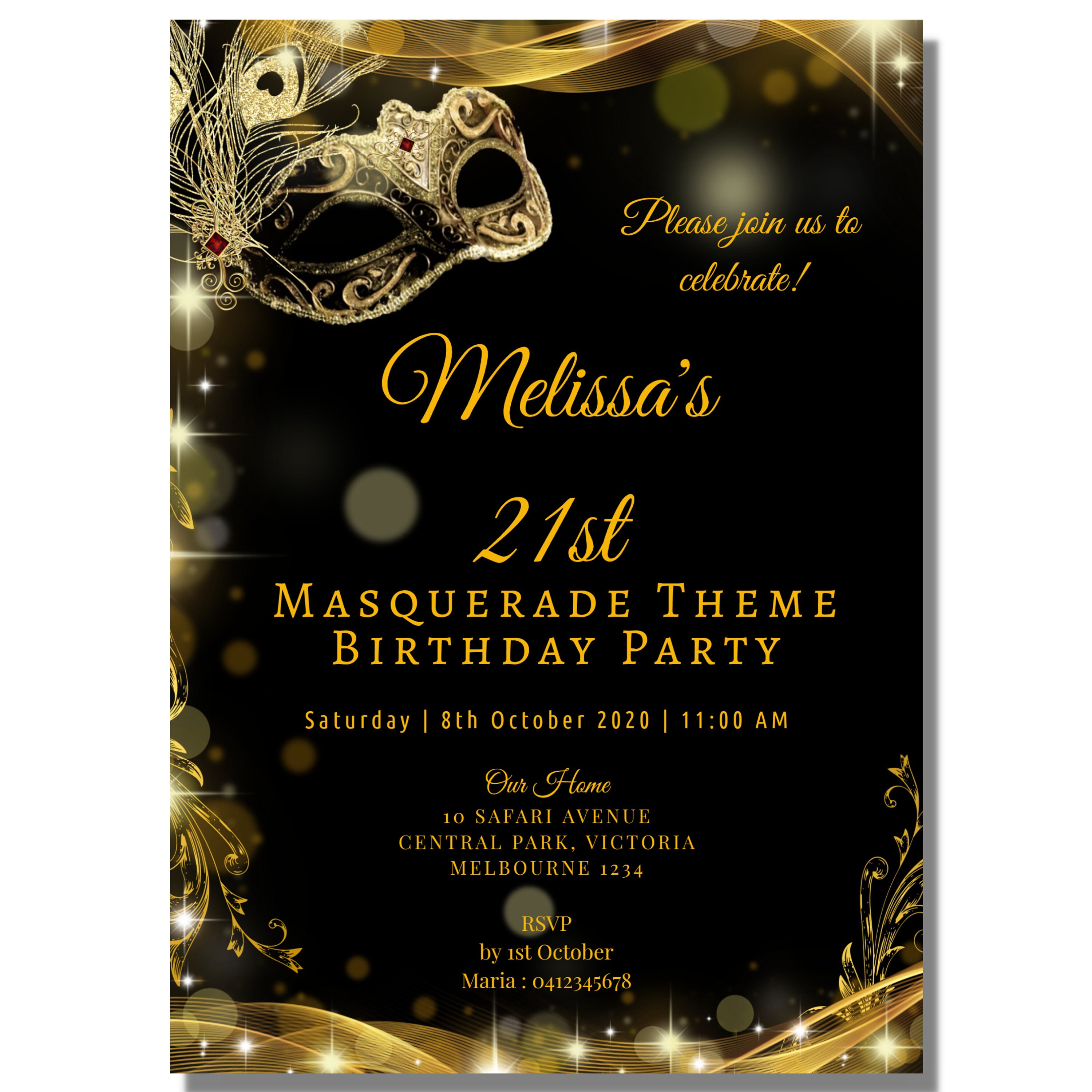 Black Gold Masquerade Theme Invitation, Editable Printable Invitation ...