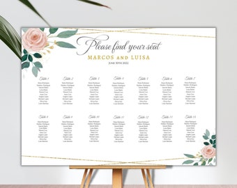 Pink Floral Gold Wedding Table Seating Sign, Editable Printable Table Seating Chart, Personalized Digital Template Download, DIY