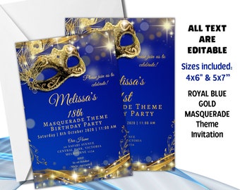 Royal Blau Gold Maskerade Thema Einladung, bearbeitbare druckbare Einladung, personalisierte digitale Vorlage Download, DIY