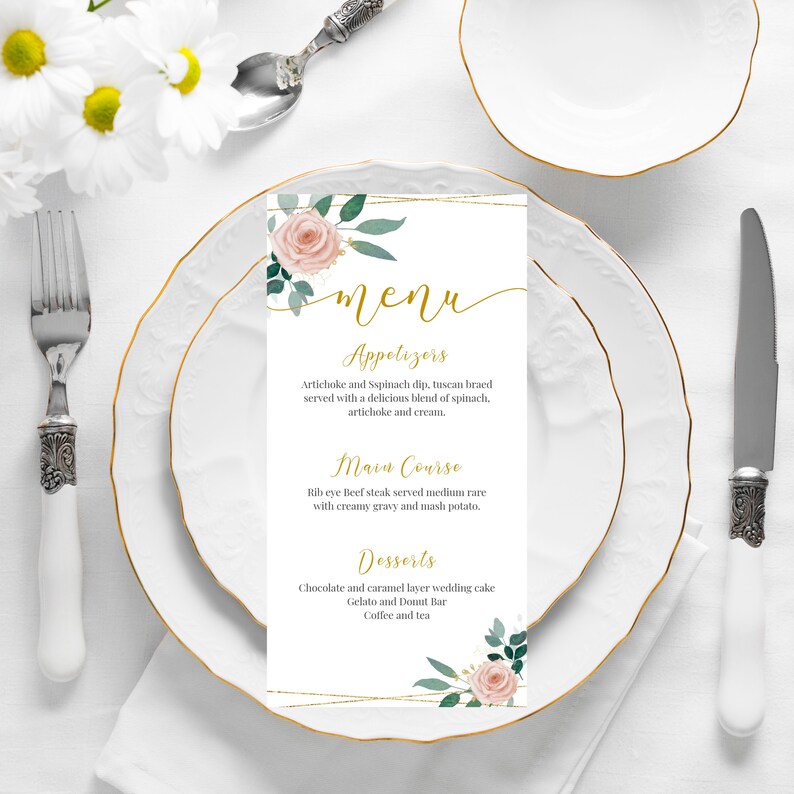 Pink Floral Gold Menu, Editable Printable Menu Card, Personalized ...