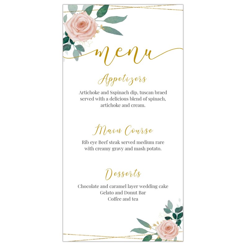 Pink Floral Gold Menu, Editable Printable Menu Card, Personalized ...