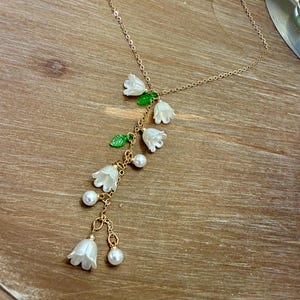 Lily of the Valley Y-Necklace | Dainty Pearl & Flower Drop Pendant | Gold Tone Botanical Nature Jewelry | May Birth Flower Gift