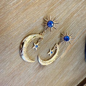 Celestial Moon and Star Earrings | Blue Crystal Dangle Jewelry | Gold Celestial Cosmic Night Sky Gift | Whimsical Statement Earrings