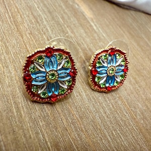 Colorful Floral Statement Earrings – Boho Festival Jewelry, Bold Vintage-Inspired Studs, Handmade Gift for Her