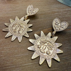 Gold Sun Face & Heart Drop Earrings - Celestial Statement Jewelry - Unique Gift For Her
