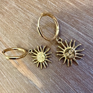 Gold Sun Face Hoop Earrings - Boho Celestial Dangle Earrings - Smiling Sun Charm Jewelry - Unique Gold Tone Everyday Hoops - Gift For Her