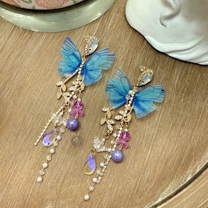 Blue Butterfly Dangle Earrings - Long Fairycore Earrings - Whimsical Statement Jewelry - Fae Wings  - Gift For Her