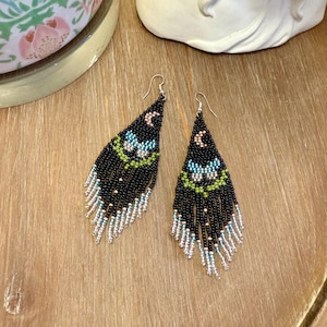 Black, Green Butterfly & Moon Fringe Earrings | Seed Bead Dangle Earrings | Boho Beaded Jewelry | Unique Gift for Her