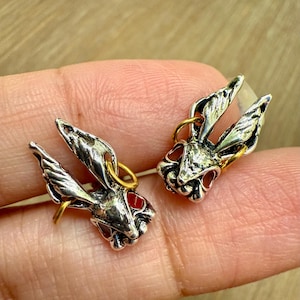 Silver Bunny Rabbit Stud Earrings with Red Eyes - Edgy Whimsical Gothic Animal Jewelry - Unique Magical Studs