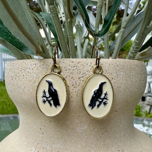Gothic Raven Enamel Dangle Earrings - Vintage Style Crow Bird Jewelry - Dark Academia Witchy Gifts - Unique Animal Lover Accessory