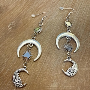 Silver Crescent Moon Rose Earrings, Celestial Star Dangle Earrings, Witchy Floral Jewelry, Bohemian Lunar Gift for Her