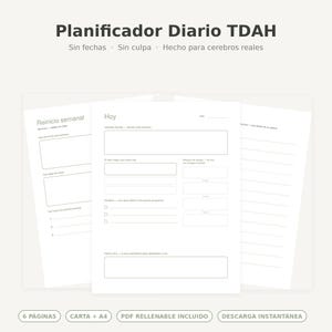 May include: A daily planner for ADHD with white pages featuring black text. The header reads Planificador Diario TDAH, Sin fechas, Sin culpa, Hecho para cerebros reales. The pages include sections for weekly reset, daily tasks, and notes.
