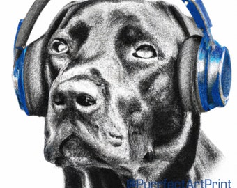 Printable dog portrait with colored headphones, animal digital art, wall art, printable, black and white