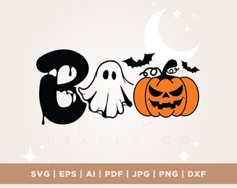 May include: A Halloween-themed graphic with the word "Boo" in black, a white ghost, and an orange jack-o'-lantern with bats and a crescent moon. The image also includes file type options: SVG, EPS, AI, PDF, JPG, PNG, and DXF.
