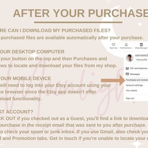 Pu&ograve; includere: Una grafica rosa e bianca con il testo "Dopo il tuo acquisto" e istruzioni su come scaricare i file acquistati da Etsy. La grafica include uno screenshot del sito web di Etsy che mostra la sezione "Acquisti e recensioni".