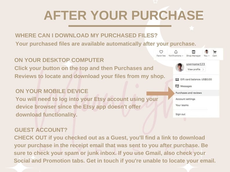 Pu&ograve; includere: Una grafica rosa e bianca con il testo "Dopo il tuo acquisto" e istruzioni su come scaricare i file acquistati da Etsy. La grafica include uno screenshot del sito web di Etsy che mostra la sezione "Acquisti e recensioni".