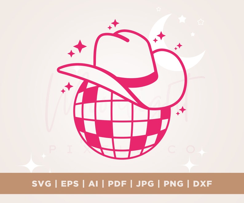 Pu&ograve; includere: Palla da discoteca rosa con un cappello da cowboy rosa in cima. Lo sfondo &egrave; rosa chiaro con stelle bianche.