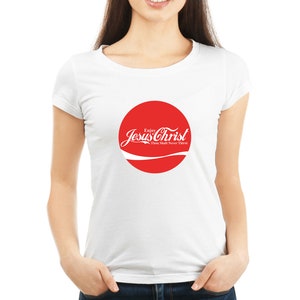 May include: White t-shirt with a red circle graphic that says "Enjoy Jesus Christ Thou Shalt Never Thirst".