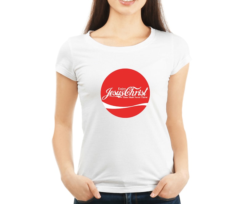 May include: White t-shirt with a red circle graphic that says "Enjoy Jesus Christ Thou Shalt Never Thirst".