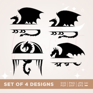 May include: Set of four black and white dragon split monogram designs. Each design features a dragon with wings spread out and a space for a name or initials in the middle.