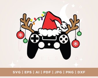 May include: A black video game controller with a Santa hat, reindeer antlers, and Christmas ornaments. The controller has a plus-shaped directional pad and white buttons. The Santa hat is red with white trim, and the ornaments are red and green. The image includes the text "SVG | EPS | AI | PDF | JPG | PNG | DXF".