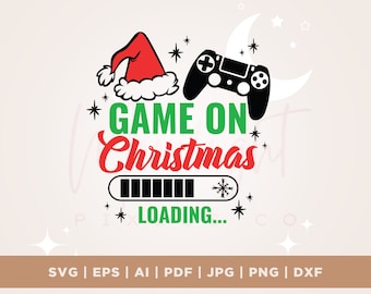 May include: A festive graphic with a Santa hat, a black game controller, and the words "GAME ON Christmas LOADING...". The design includes stars and a snowflake, perfect for holiday gaming.