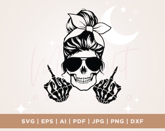 Messy Bun Skull Svg, Messy Bun Skull Png, Środkowy palec Svg, Cricut, Png, Svg, sublimacja, Adult Svg, Sarkastyczny projekt Svg, Okulary przeciwsłoneczne Svg