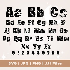 Alfabeto spaziale SVG, carattere SVG, numeri, lettere, astronave, astronauta, sistema solare, pianeta, carattere di compleanno, PNG, ragazzi, alieno, download istantaneo