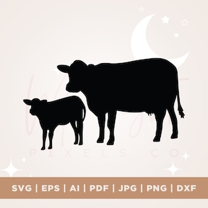 par de bezerro de vaca vetor SVG, bebê de vaca, bezerro, mamãe de gado, vaca de mãe, leite de animal de fazenda, laticínios, comida de carne ocidental, sinal de corte, download digital