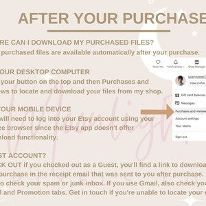 May include: A pink and white graphic with the text "AFTER YOUR PURCHASE" and instructions on how to download purchased files from Etsy. The graphic includes a screenshot of a user's Etsy account with the text "Purchases and reviews" highlighted.