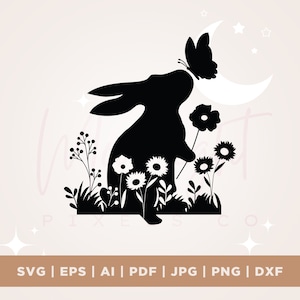 SVG lente zomer konijn met vlinder op neus, paashaas met bloemen in de weide, boerderij, bestand knippen, PNG, Dxf-bestand, bestand Cricut knippen