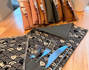 Reusable Utensil Pouch | Waterproof + Bamboo Napkin Included | Zero-Waste Lunch Kit | Personalized Option