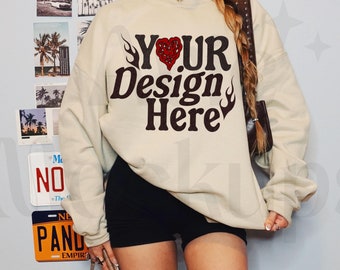 Gildan 18000 Sand Sweatshirt Mockup - G180 Sand Crewneck Mockup - Modern Trendy Mockup