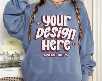Comfort Colors 1566 Blue Jean Sweatshirt Mockup,  Blue Jean CC1566 Sweatshirt, Oversized Crewneck Sweater, Edgy Mockup, Retro Mockup